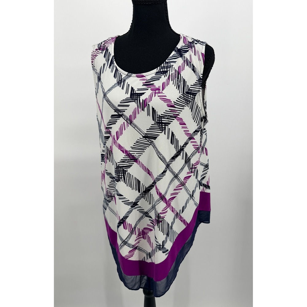 Alfani Blouse Women XL White Purple Excellent Geometric Layered Hem